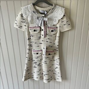 Self-Portrait Ivory Knit Dress with Black Speckle and Pink Trim